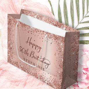 Modern Rose Gold Glitter Monogram 50th Birthday Large Gift Bag