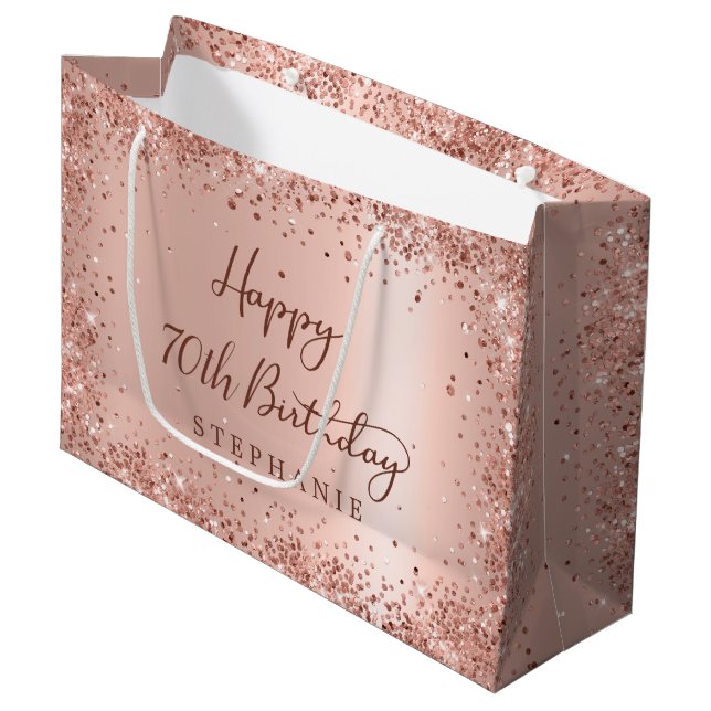 Modern Rose Gold Glitter Monogram 70th Birthday Large Gift Bag (Front Angled)