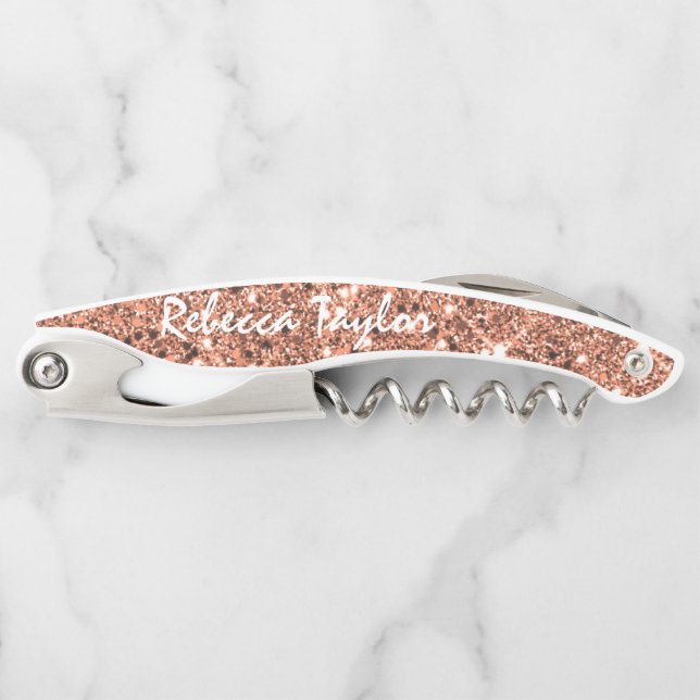 Modern Rose Gold Glitter Monogram Bottle Corkscrew (Front)