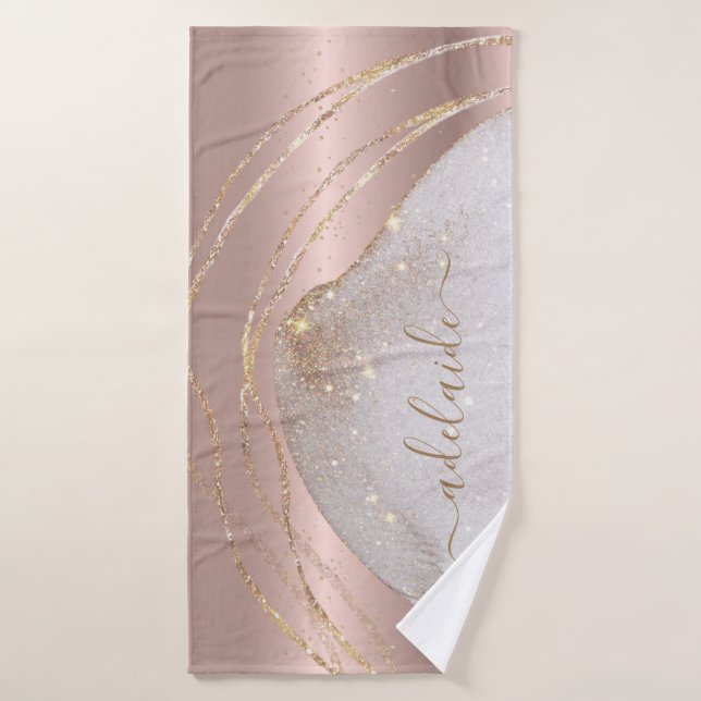 Modern Rose Gold Glitter Monogram Chic Script Name Bath Towel Set (Bath Towel)