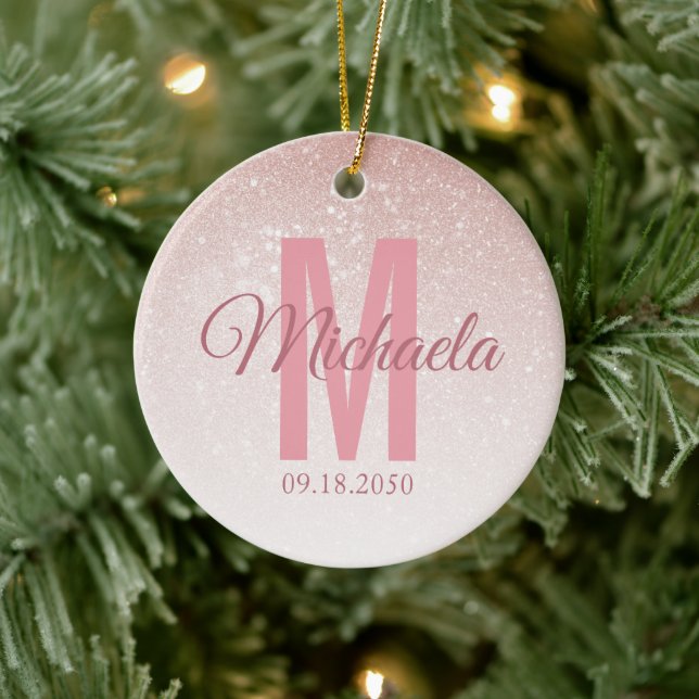 Modern Rose Gold Glitter Monogram Initial Girly Ceramic Tree Decoration (Tree)