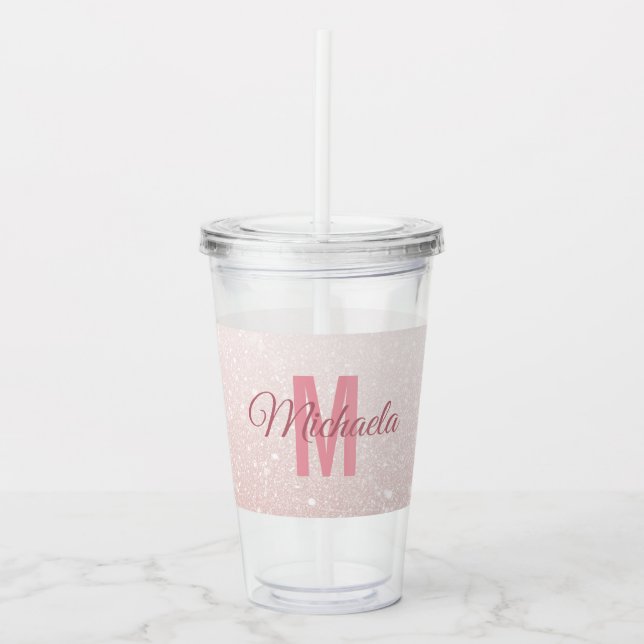 Modern Rose Gold Glitter Monogram Name Acrylic Tumbler (Front)