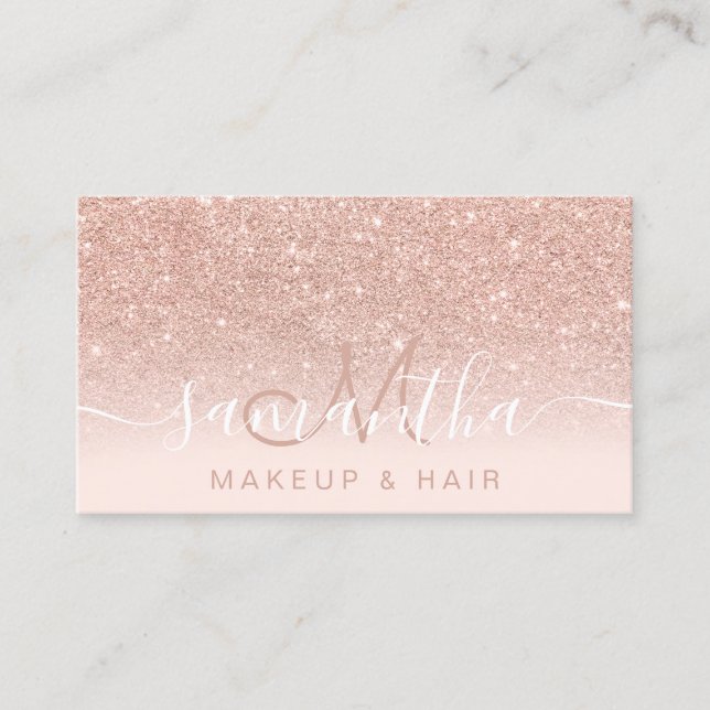 Modern rose gold glitter ombre blush makeup hair business card (Front)