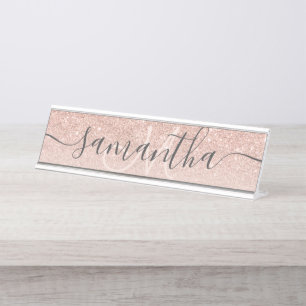 Modern rose gold glitter ombre blush monogram desk name plate