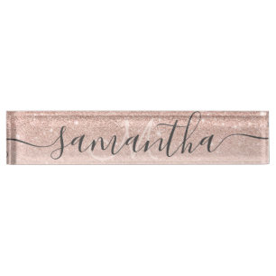 Modern rose gold glitter ombre blush monogram nameplate