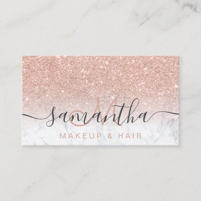 Modern rose gold glitter ombre marble makeup hair business card (Front)