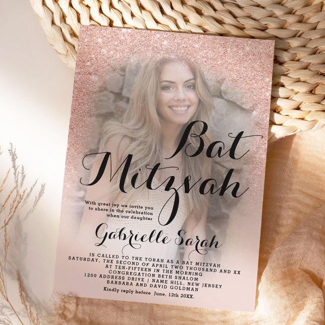 Modern rose gold glitter ombre photo Bat Mitzvah Invitation (Creator Uploaded)