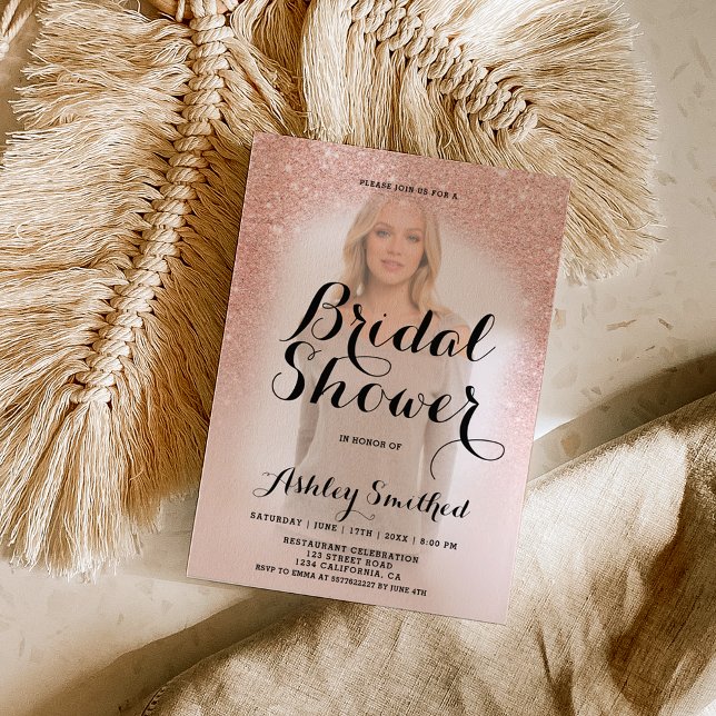 Modern rose gold glitter ombre photo bridal shower invitation (Creator Uploaded)