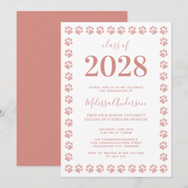 Modern Rose Gold Glitter Paw Prints Graduation Invitation (Front/Back)