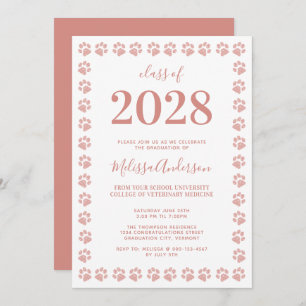 Modern Rose Gold Glitter Paw Prints Graduation Invitation