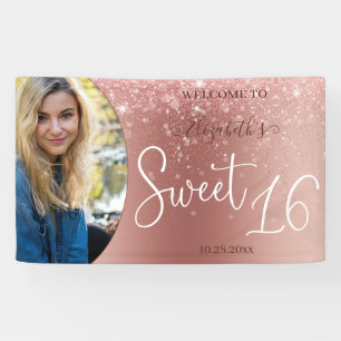 Modern Rose Gold Glitter Photo Sweet 16 Banner