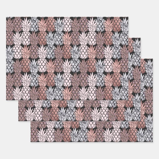 Modern Rose Gold Glitter Pink Pineapples Pattern Wrapping Paper Sheet (Set)