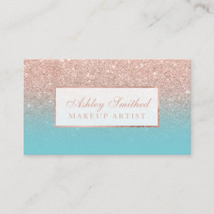 Modern rose gold glitter robbin egg blue makeup business card