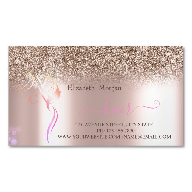 Modern Rose Gold Glitter Scissors Hair Magnetic Business Card (Front)