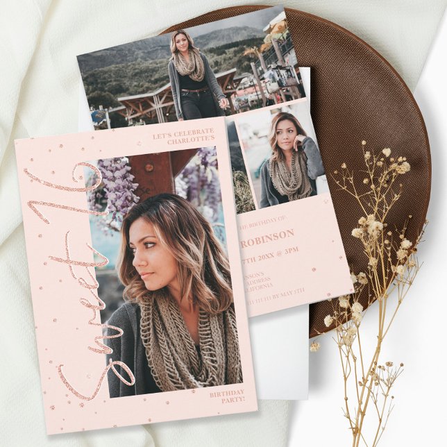 Modern rose gold glitter script 4 photos Sweet 16 Invitation (Creator Uploaded)