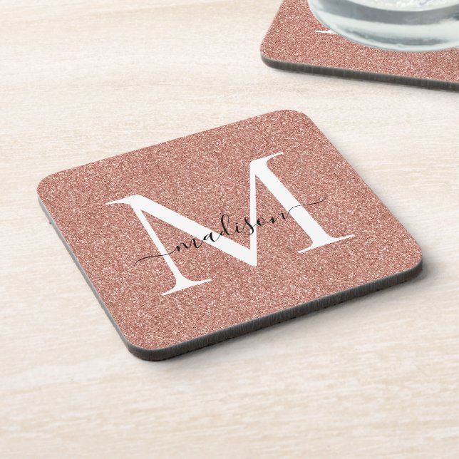 Modern Rose Gold Glitter Script Monogram Name Glam Coaster (Left Side)