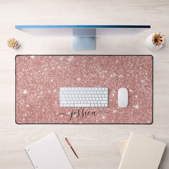 Modern rose gold glitter script name desk mat (Office 1)
