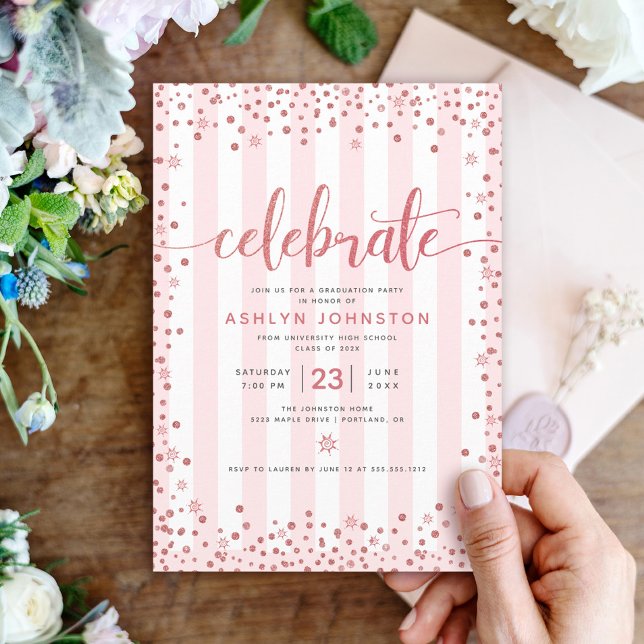 Modern rose gold glitter script stripes graduation invitation (Creator Uploaded)