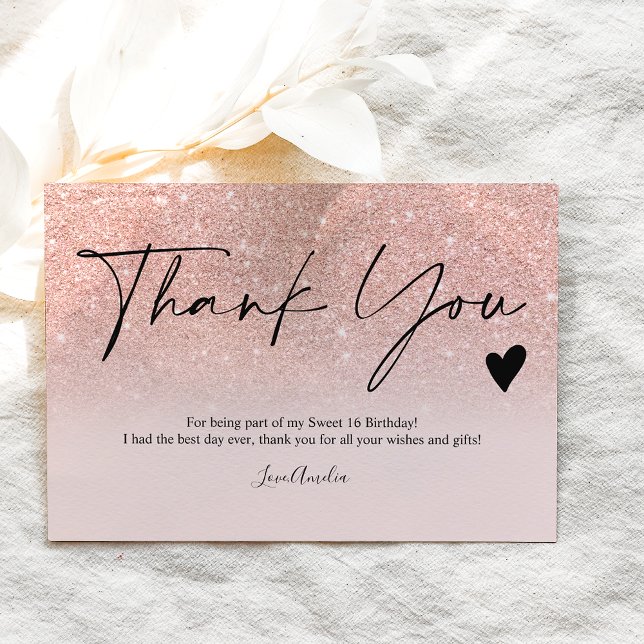 Modern rose gold glitter script thank you sweet 16 postcard (Creator Uploaded)