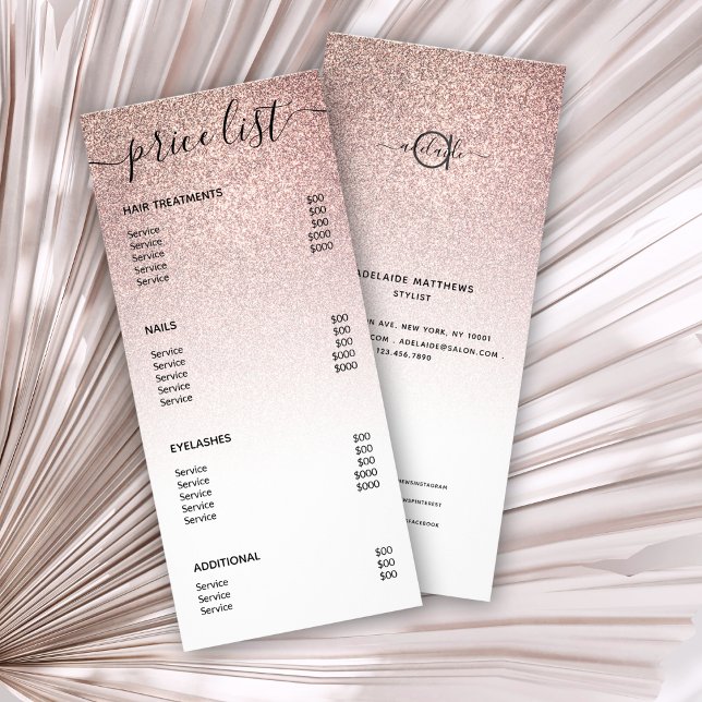 Modern Rose Gold Glitter Spa Salon Price List Menu (Creator Uploaded)