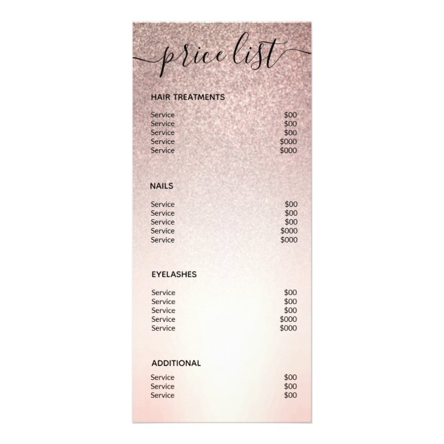 Modern Rose Gold Glitter Spa Salon Price List Menu (Back)