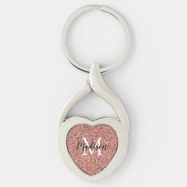 Modern Rose Gold Glitter Sparkle Monogram Name Key Ring (Front)