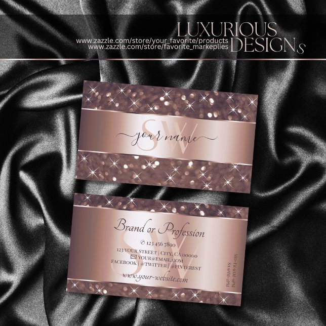 Modern Rose Gold Glitter Sparkle Stars Monogram Business Card (Creator Uploaded)