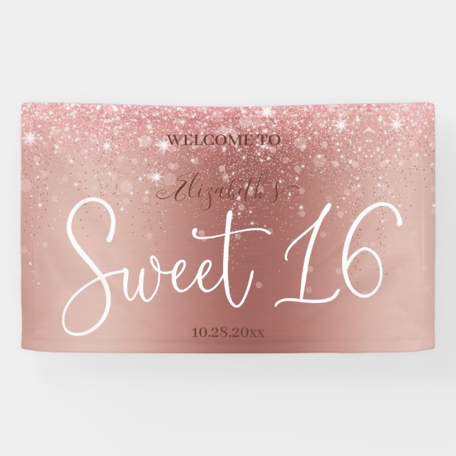 Modern Rose Gold Glitter Sparkling Sweet 16 Banner (Horizontal)