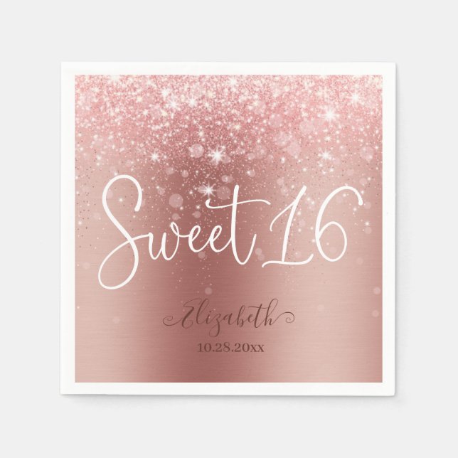 Modern Rose Gold Glitter Sweet 16 Napkin (Front)