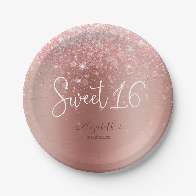 Modern Rose Gold Glitter Sweet 16 Paper Plate (Front)