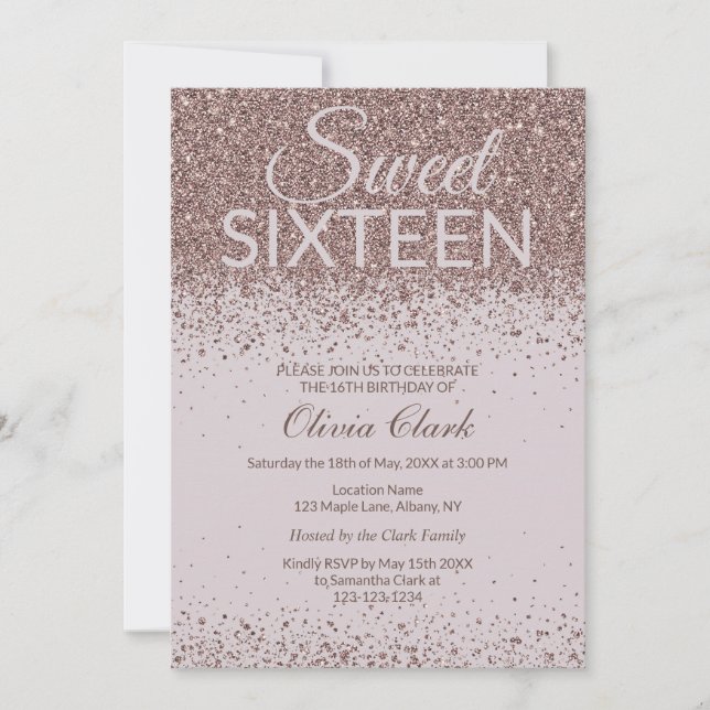 Modern Rose Gold Glitter Sweet Sixteen Birthday Invitation (Front)