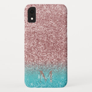 Modern Rose Gold Glitter & Teal Ombre Monogram iPhone XR Case
