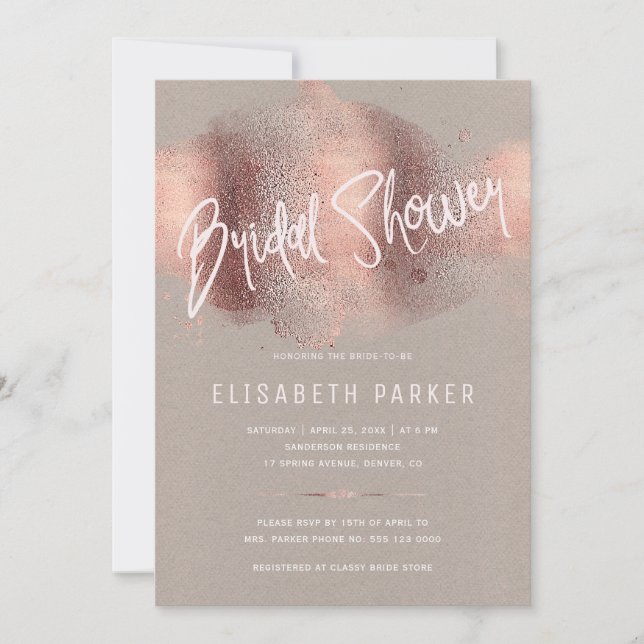 Modern rose gold glitter typography bridal shower invitation (Front)