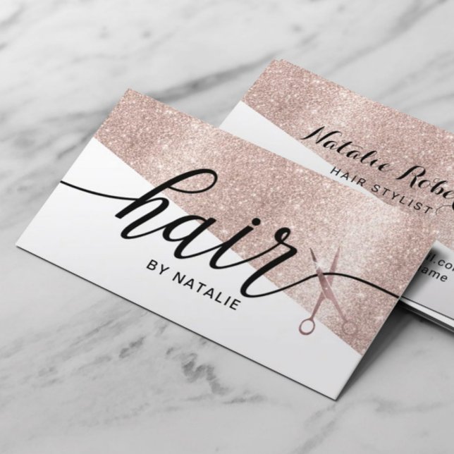 Modern Rose Gold Glitter Typography Hair Stylist Business Card (Creator Uploaded)
