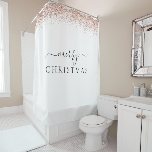 Modern Rose Gold Glitter White Merry Christmas Shower Curtain (In Situ)