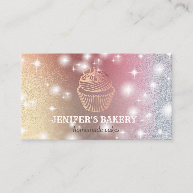 Modern rose gold glittery cupcake homemade bakery business card (Front)