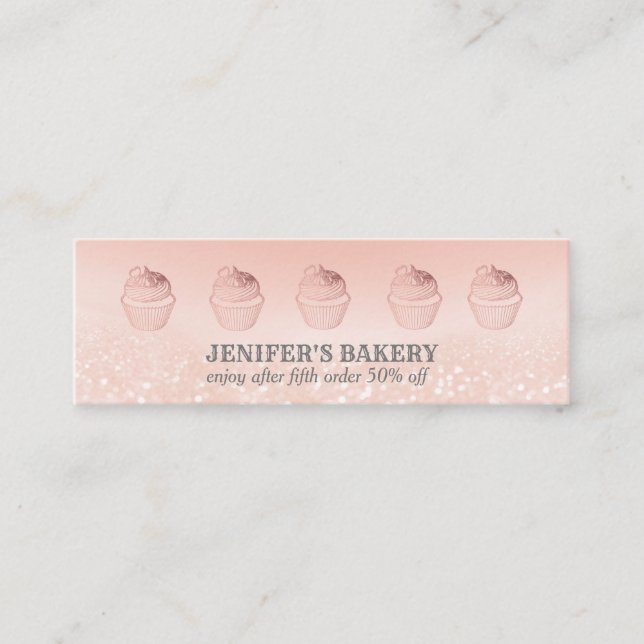 Modern rose gold glittery cupcake homemade bakery mini business card (Front)