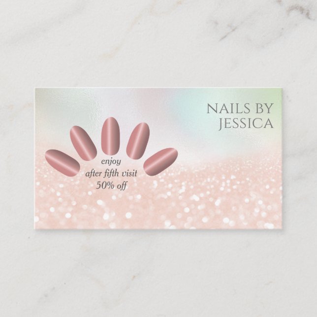Modern rose gold glittery nail extension business card (Front)
