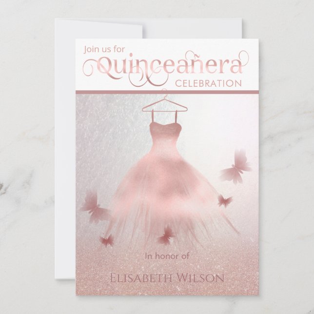 Modern rose gold glittery ombre dress Quinceañera  Invitation (Front)