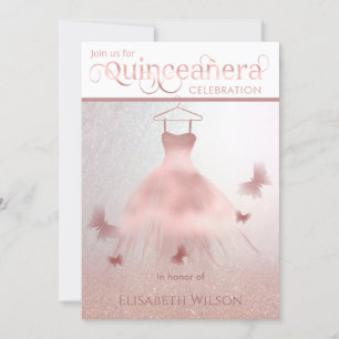 Modern rose gold glittery ombre dress Quinceañera Invitation