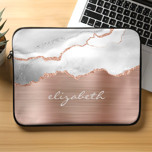 Modern Rose Gold Gray White Agate Metallic Laptop Sleeve