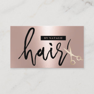 Modern Rose Gold Hair Stylist Script Scissor Salon Business Card