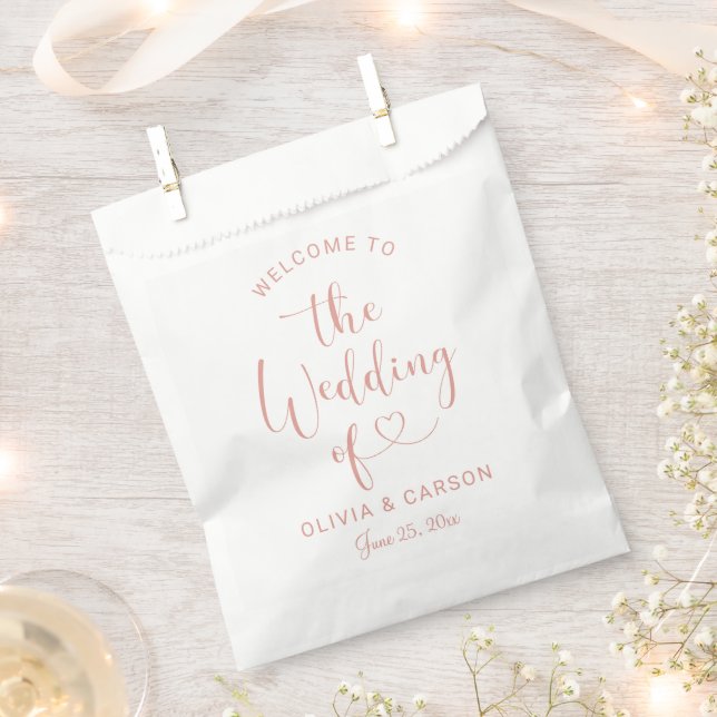 Modern Rose Gold Heart Script Wedding Welcome Favour Bags (Clipped)