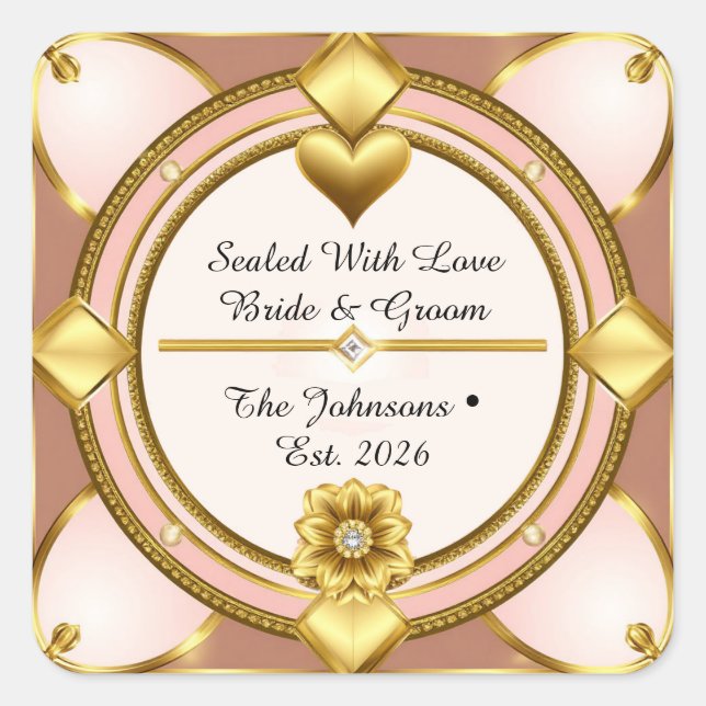 ✨ Modern Rose Gold Heart Wedding 🖤 Square Sticker (Front)