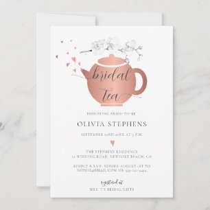 Modern Rose Gold Hearts Orchids Floral Bridal Tea Invitation