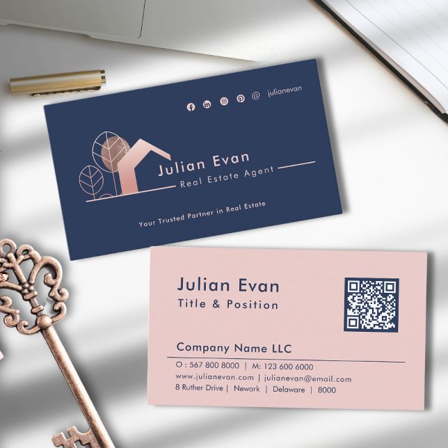 Modern Rose Gold House Icon Navy Blue Real Estate Business Card (Creator Uploaded)