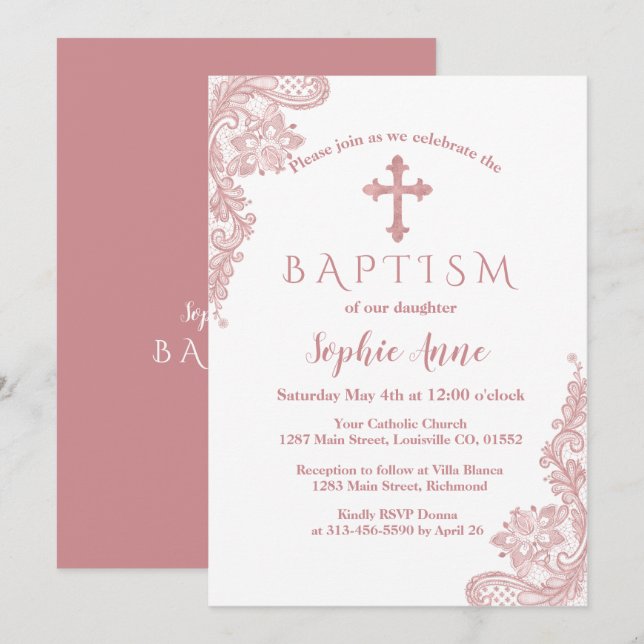 Modern Rose Gold Lace Cross Girl Baptism Invitation (Front/Back)