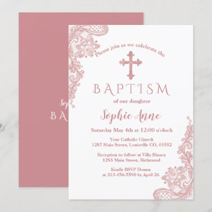 Modern Rose Gold Lace Cross Girl Baptism Invitation