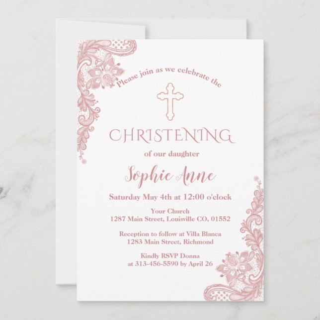 Modern Rose Gold Lace Cross Girl Christening Invitation (Front)