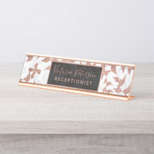 Modern rose gold leaf foliage trendy white marble desk name plate